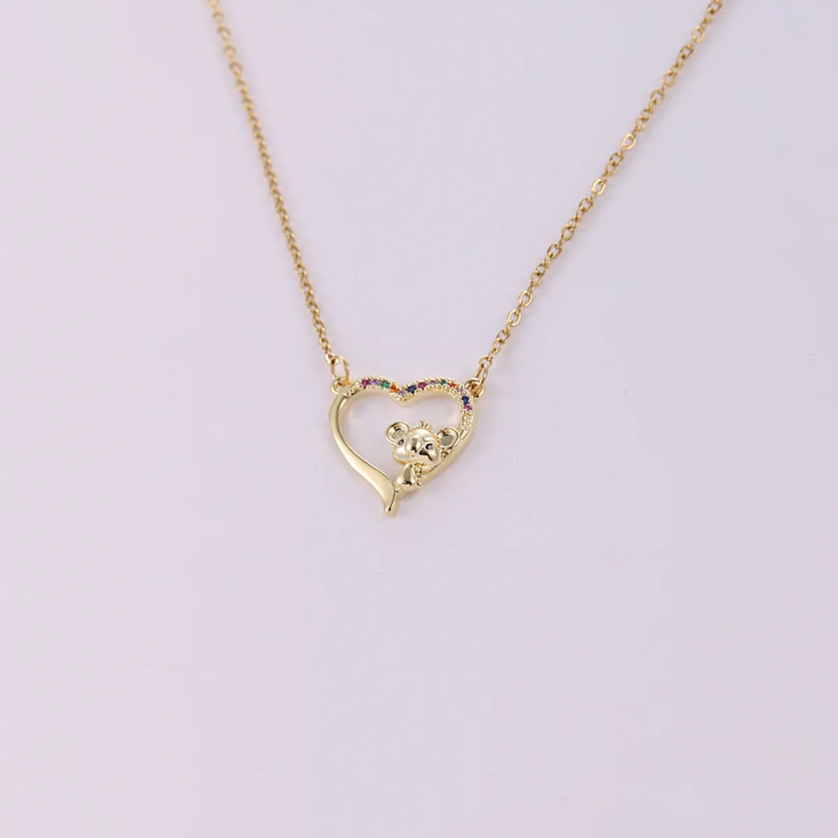 Cute Bear Heart Shape Stainless Steel Copper Plating Inlay Zircon 18k Gold Plated Pendant Necklace