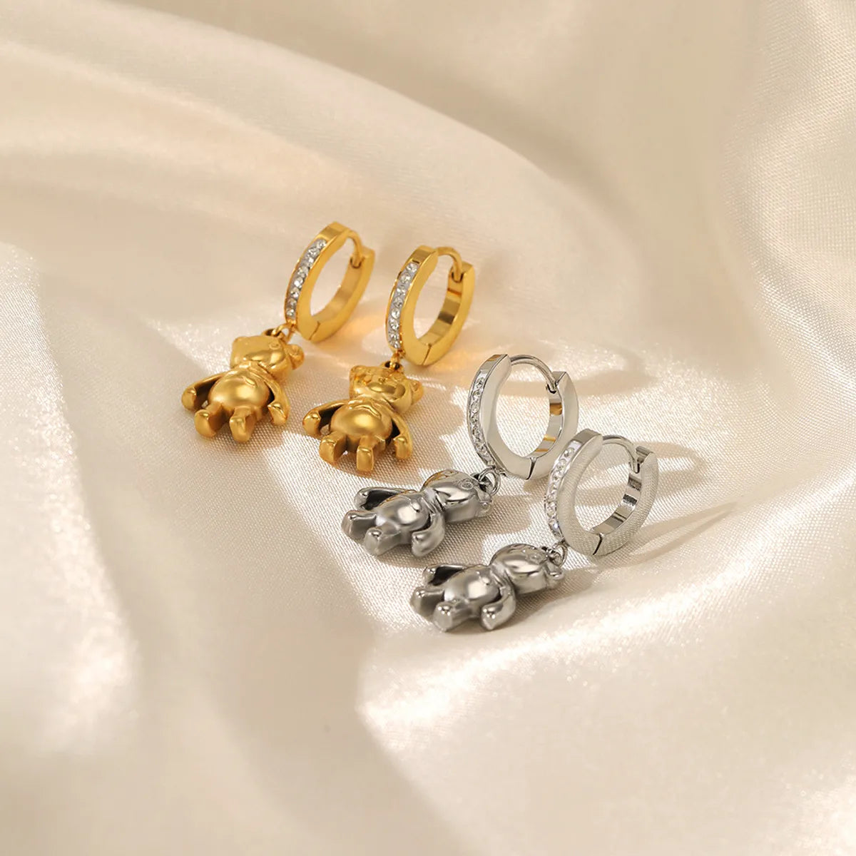 Cute Bear Stainless Steel Gold Plated Rhinestones Drop Earrings 1 Pair