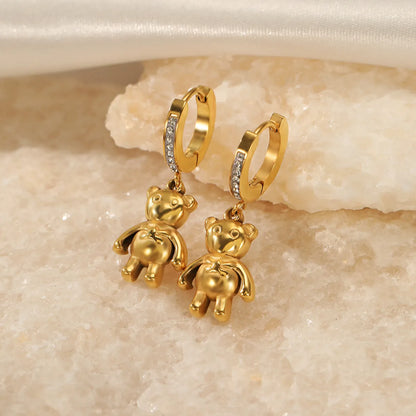 Cute Bear Stainless Steel Gold Plated Rhinestones Drop Earrings 1 Pair