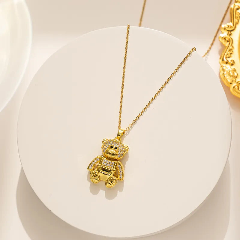 Cute Bear Stainless Steel Plating Inlay Zircon 18k Gold Plated Necklace