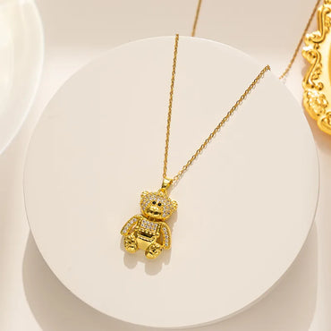 Cute Bear Stainless Steel Plating Inlay Zircon 18k Gold Plated Necklace