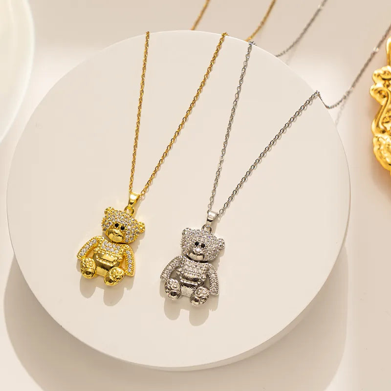 Cute Bear Stainless Steel Plating Inlay Zircon 18k Gold Plated Necklace