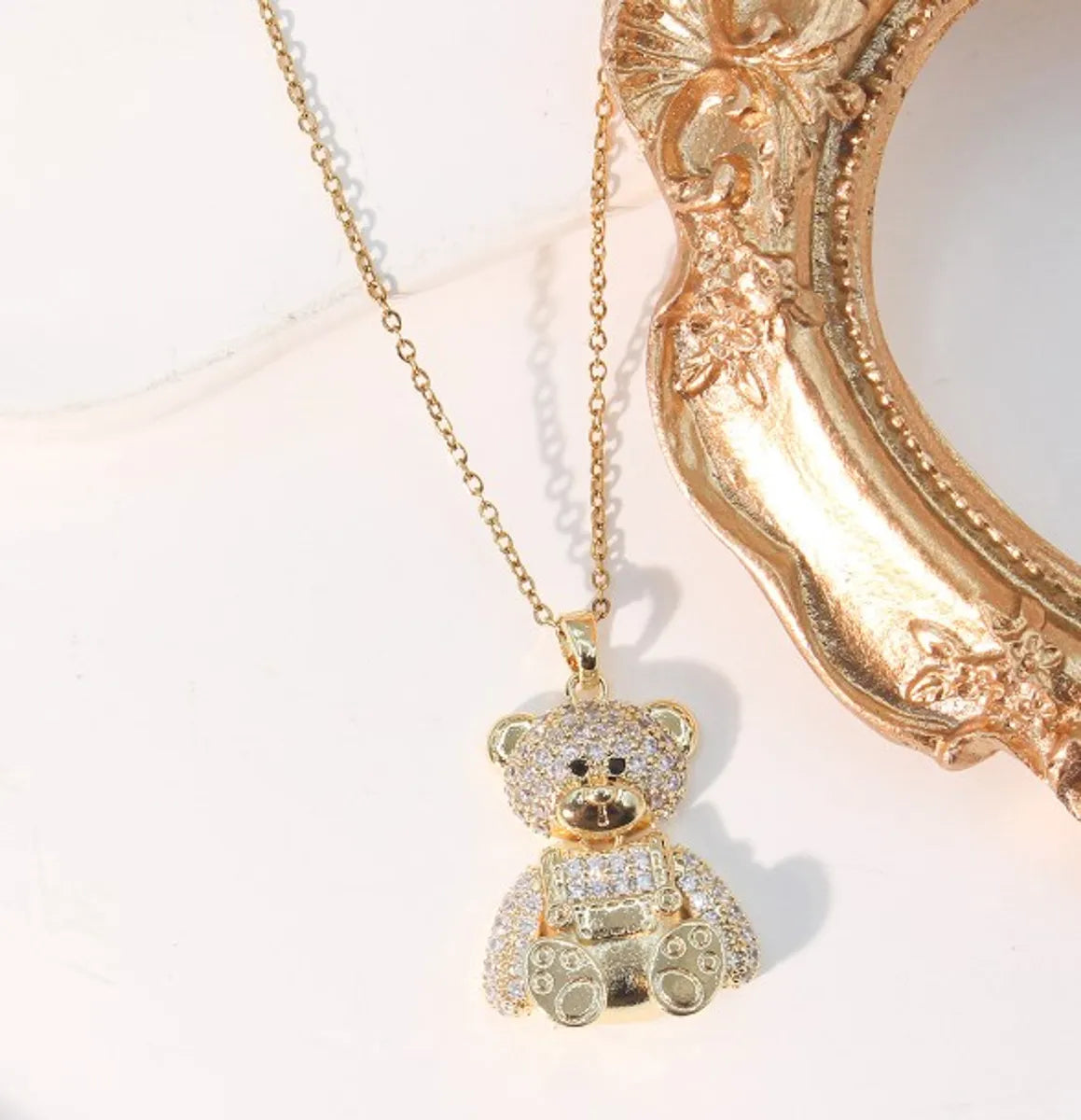 Cute Bear Titanium Steel Copper Plating Inlay Zircon Pendant Necklace