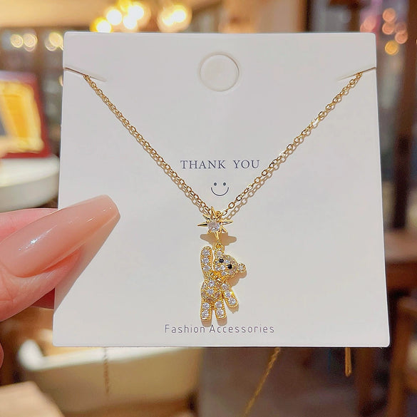 Cute Bear Titanium Steel Necklace With Mixed Gem Inlay Pendant And Cross Chain For Women