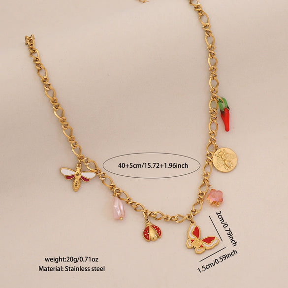 Cute Bee Butterfly Daisy Multielement Stainless Steel Necklace With Ladybug Pendant And Electroplating For Women