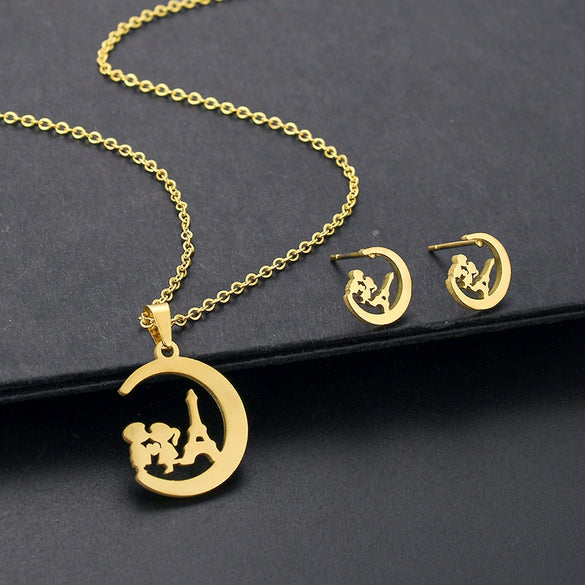 Cute Boys Girls Moon Pendant Necklace Earrings Set With Stainless Steel Chain And Cross Chain Gold Plated With Little Bear Pig Small Animal Patterns
