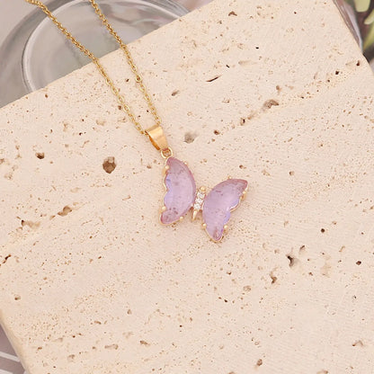 Cute Butterfly Stainless Steel Glass Copper No Inlaid Pendant Necklace