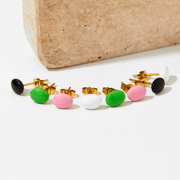 Cute Candy Colored Geometric Stainless Steel Mini Stud Earrings With Electroplating Treatment And Small Beans Ball Design