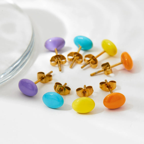 Cute Candy Colored Geometric Stainless Steel Mini Stud Earrings With Electroplating Treatment And Small Beans Ball Design