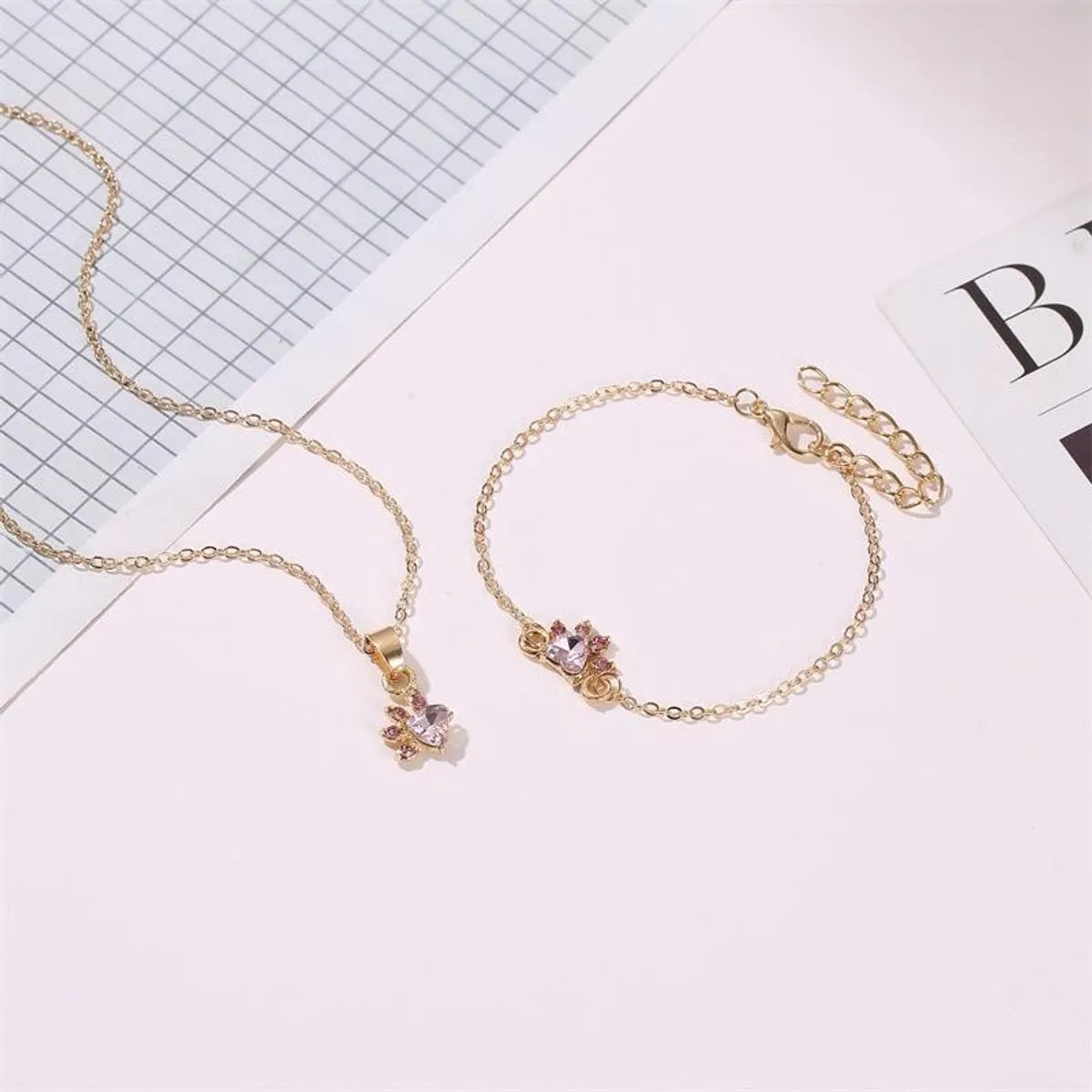 Cute Cartoon Cat Claw Necklace Earrings Four-piece Cat Footprint Zircon Ring Bracelet