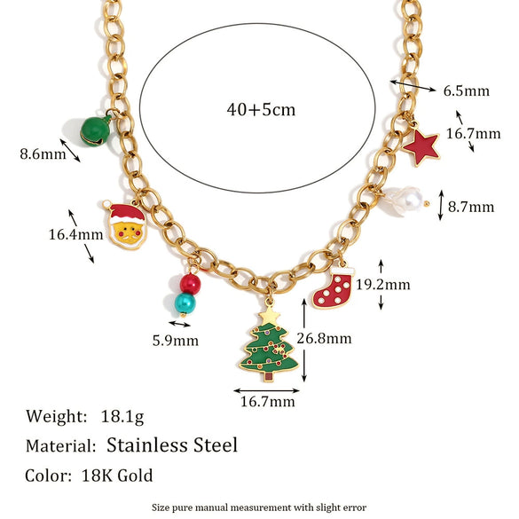 Cute Cartoon Christmas Tree Socks Old Man Pendant Stainless Steel 18K Gold Plated Handmade Chain Christmas Necklace For Women