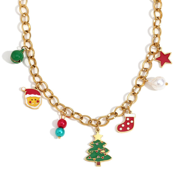 Cute Cartoon Christmas Tree Socks Old Man Pendant Stainless Steel 18K Gold Plated Handmade Chain Christmas Necklace For Women