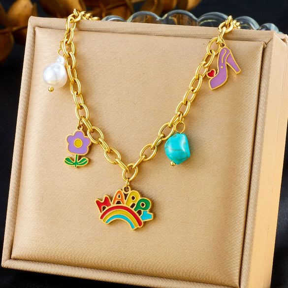 Cute Cartoon Dropping Glue English Letter Rainbow Earrings And Turquoise Flower Mix Element Necklace For Women Stainless Steel Electroplating U Shape