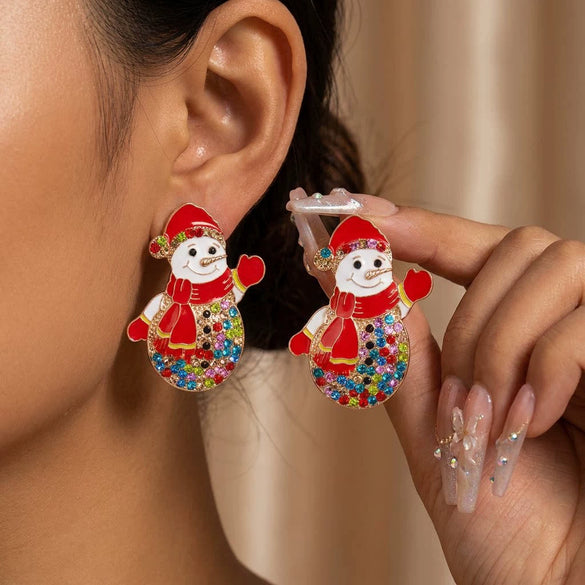 Cute Cartoon Snowman Stud Earrings With Scarf And Hat Rhinestone Electroplated Alloy Earrings With Stainless Steel Posts For Women