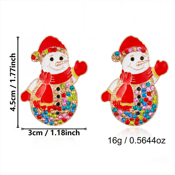 Cute Cartoon Snowman Stud Earrings With Scarf And Hat Rhinestone Electroplated Alloy Earrings With Stainless Steel Posts For Women
