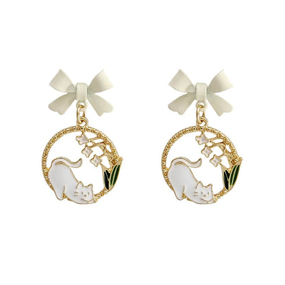 Cute Cat Bow Knot Alloy Enamel Drop Earrings