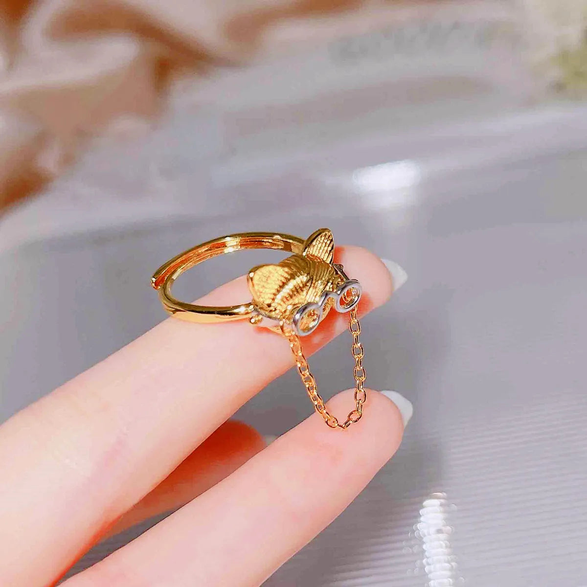 Cute Cat Copper Plating Inlay Artificial Gemstones Rings 1 Piece