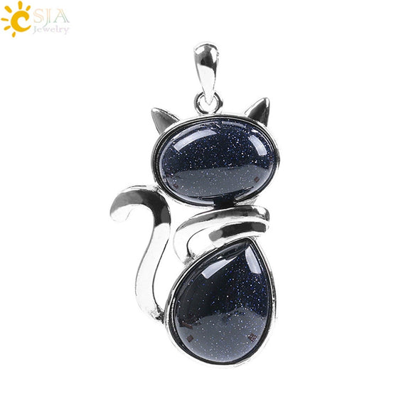 Cute Cat Pendant Necklace For Women With Natural Stone And Alloy Accessories Minimalist Animal Jewelry Polished Hanging Ornament