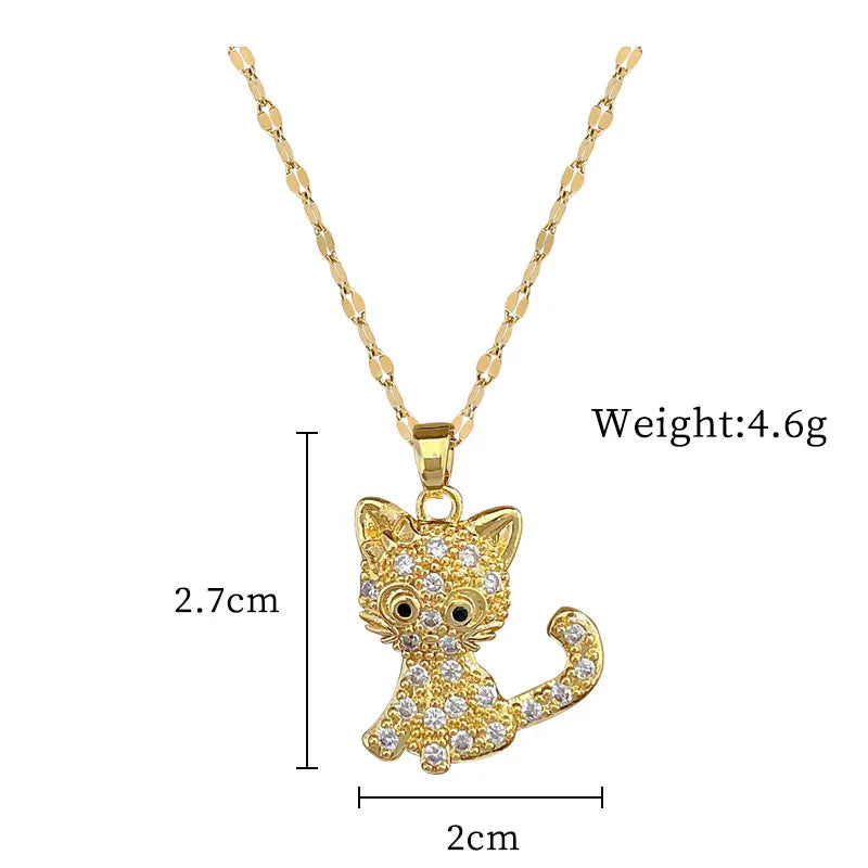 Wholesale Cute Cat Titanium Steel Copper Plating Inlay Artificial Gemstones Pendant Necklace