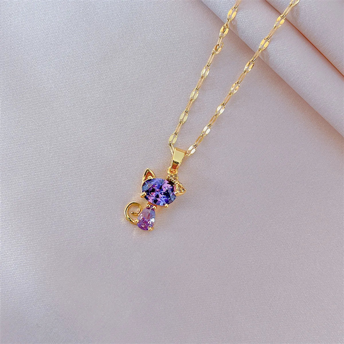 Cute Cat Titanium Steel Inlay Zircon Necklace 1 Piece