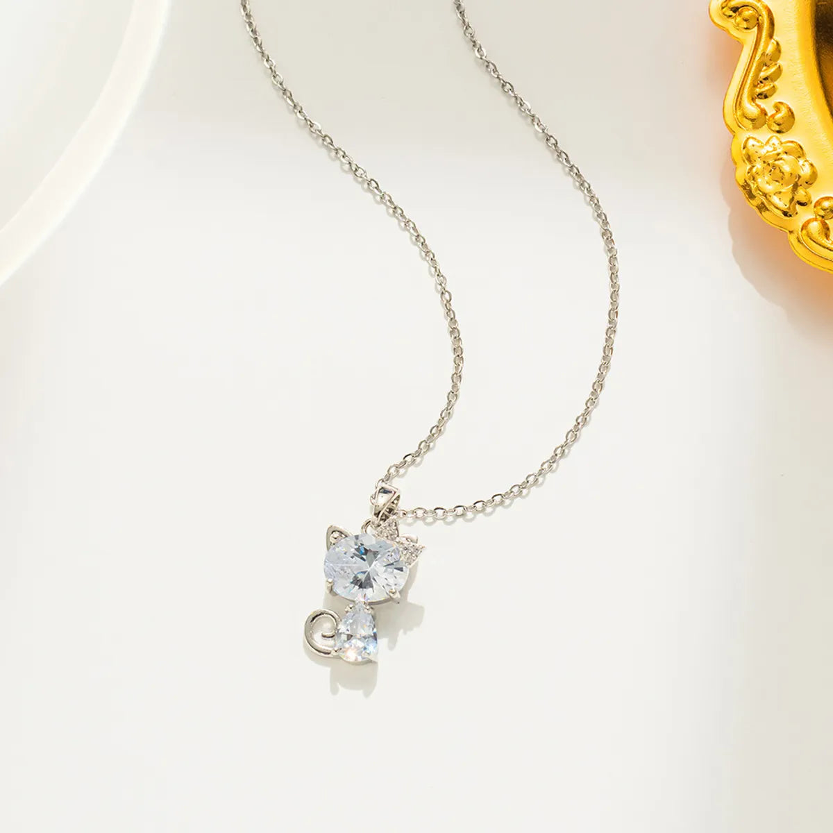 Cute Cat Titanium Steel Inlay Zircon Pendant Necklace