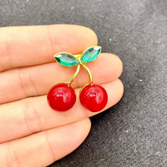 Cute Cherry Alloy Enamel Rhinestones Women'S Brooches