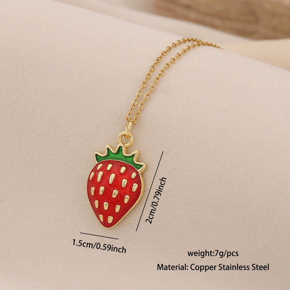Cute Cherry Strawberry Pendant Necklace For Women Copper And Stainless Steel Fruit Shape Dripping Oil Process O Word Chain