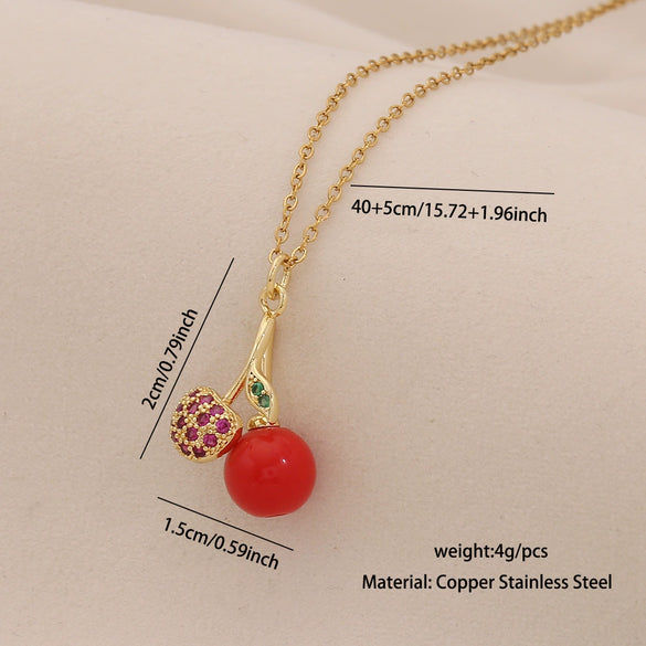 Cute Cherry Strawberry Pendant Necklace For Women Copper And Stainless Steel Fruit Shape Dripping Oil Process O Word Chain