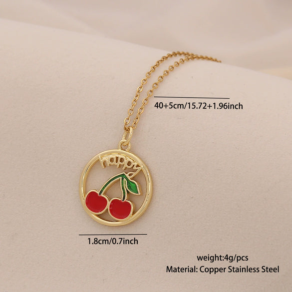 Cute Cherry Strawberry Pendant Necklace For Women Copper And Stainless Steel Fruit Shape Dripping Oil Process O Word Chain