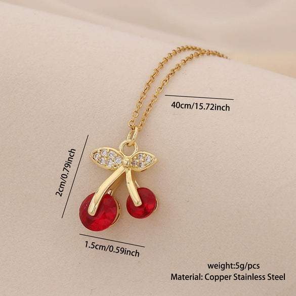 Cute Cherry Strawberry Pendant Necklace For Women Copper And Stainless Steel Fruit Shape Dripping Oil Process O Word Chain