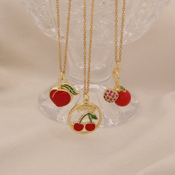 Cute Cherry Strawberry Pendant Necklace For Women Copper And Stainless Steel Fruit Shape Dripping Oil Process O Word Chain