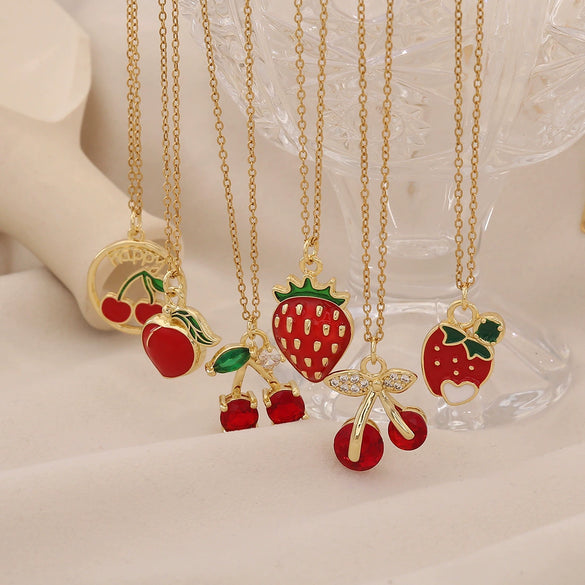 Cute Cherry Strawberry Pendant Necklace For Women Copper And Stainless Steel Fruit Shape Dripping Oil Process O Word Chain