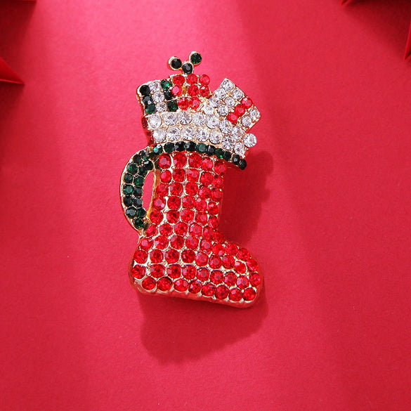 Cute Christmas Boot Brooch Pin With Diamond Embellishment Handmade Animalshaped Zinc Alloy Festival Jewelry