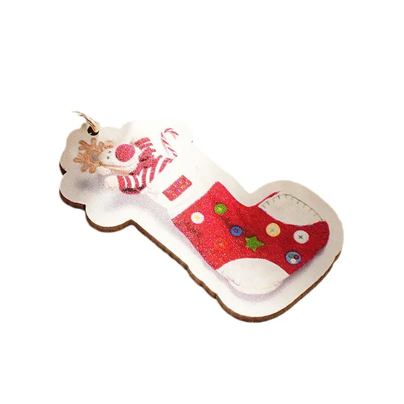 Cute Christmas Hat Christmas Socks Wood Christmas Unisex Keychain