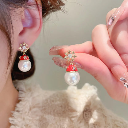 1 Pair Cute Christmas Hat Gold Plated Copper Artificial Pearls Zircon Gold Plated Ear Studs