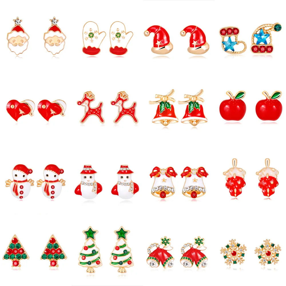 Cute Christmas Tree Apple Snowman Alloy Plating Rhinestones Women'S Ear Studs 1 Pair