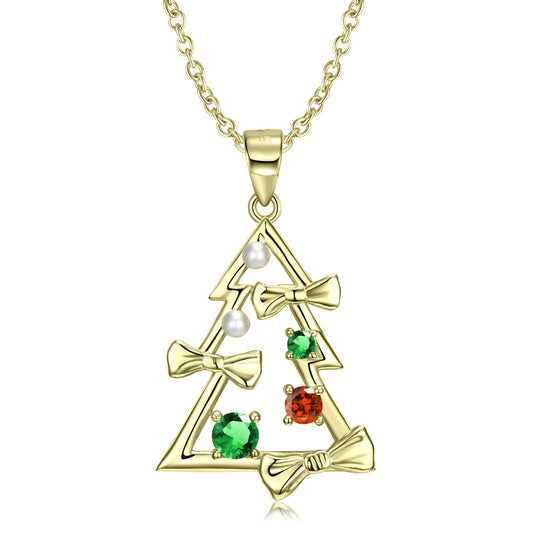 Cute Christmas Tree Bow Knot Sterling Silver Plating Inlay Zircon Pendant Necklace