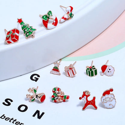 Cute Christmas Tree Santa Claus Gift Box Alloy Enamel Inlay Rhinestones Women's Ear Studs 1 Pair