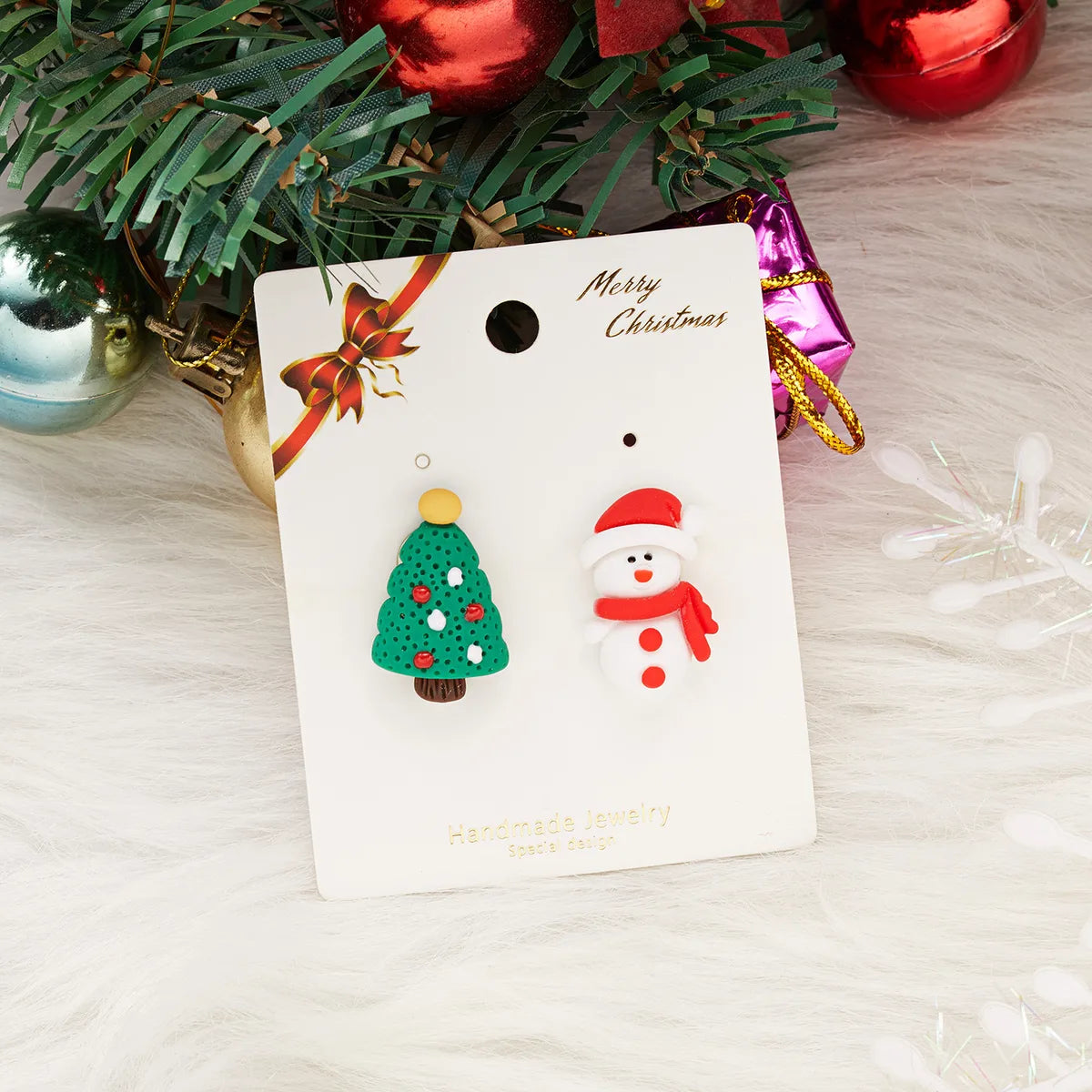 Cute Christmas Tree Snowman Alloy Soft Clay Asymmetrical Women'S Ear Studs 1 Pair