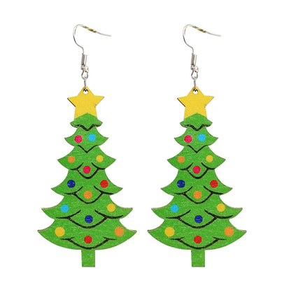 1 Pair Cute Christmas Tree Snowman Wood Drop Earrings