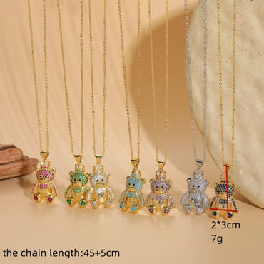 Cute Classic Style Bear Copper Plating Inlay Zircon 14k Gold Plated Pendant Necklace