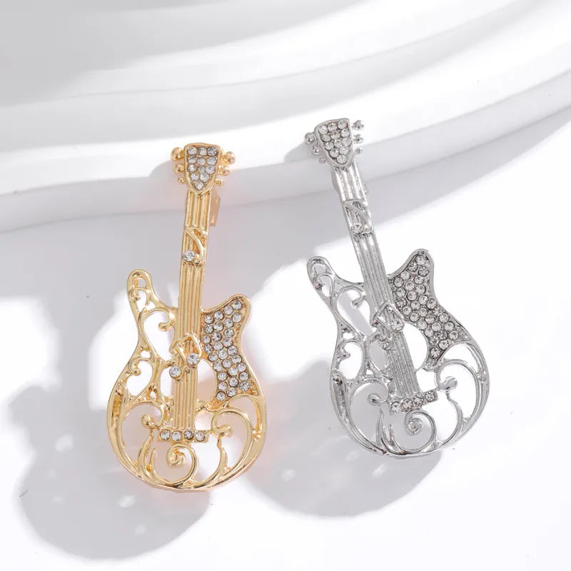 Cute Classic Style Guitar Teeth Cat Alloy Enamel Inlay Rhinestones Unisex Corsage Brooches Collar Pin