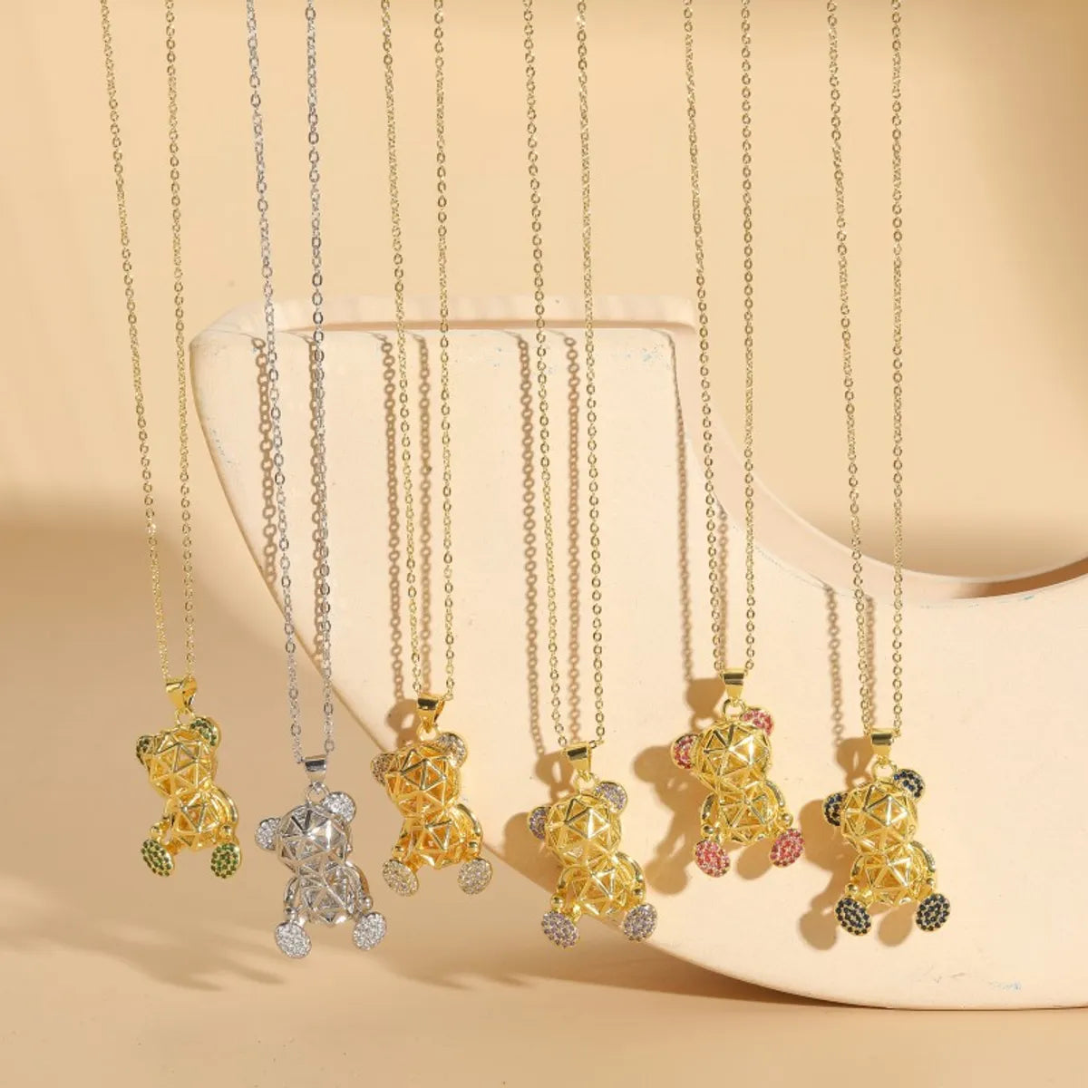 Cute Commute Little Bear Copper Plating Inlay Zircon 14k Gold Plated White Gold Plated Pendant Necklace