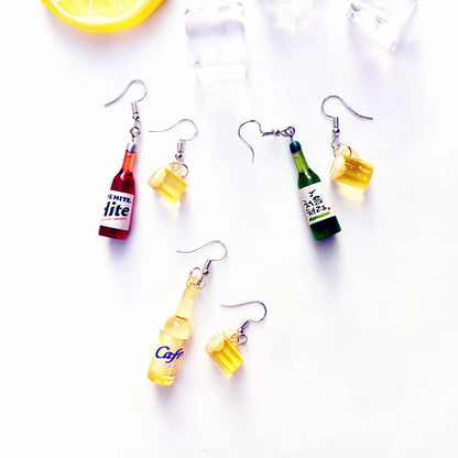 Cute Creative Asymmetric Wine Bottle Wine Glass Resin Earrings