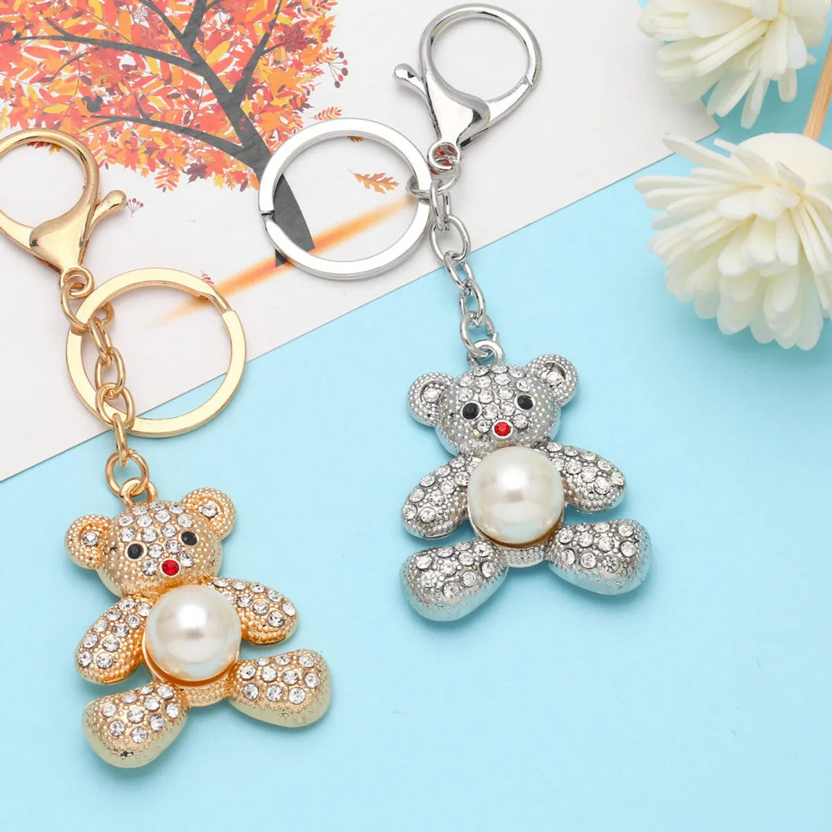 Cute Creative Pendant Bear Pearl Inlaid Rhinestone Alloy Key Chain