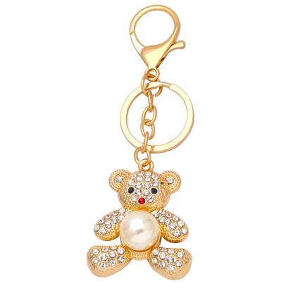 Cute Creative Pendant Bear Pearl Inlaid Rhinestone Alloy Key Chain