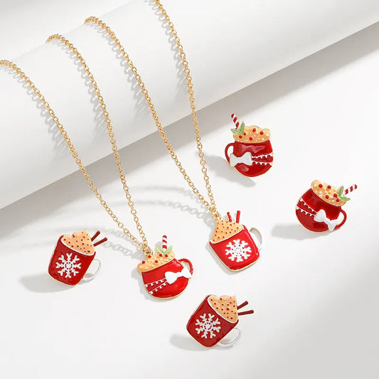 Cute Cup Bow Knot Snowflake Alloy Enamel Christmas Women'S Earrings Necklace