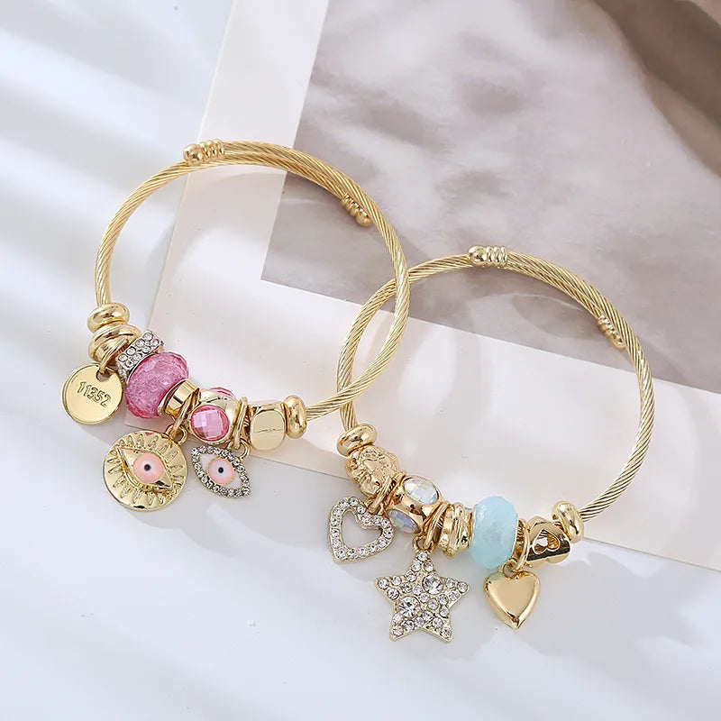 Cute Devil'S Eye Star Heart Shape Gold Plated Rhinestones 304 Stainless Steel Alloy Wholesale Bangle