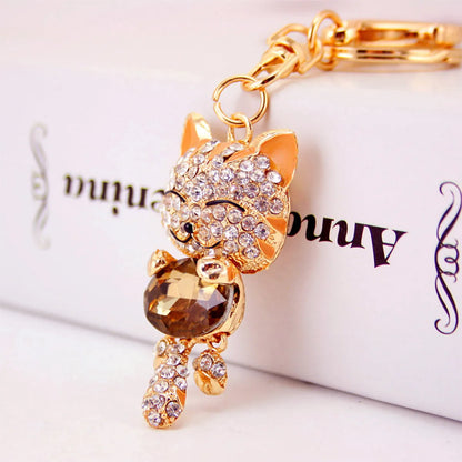 Cute Diamond Lucky Cat Bag Accessories Cat Metal Pendant Key Chain For Women