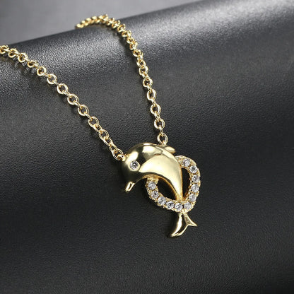 Cute Dolphin Copper Zircon Pendant Necklace In Bulk